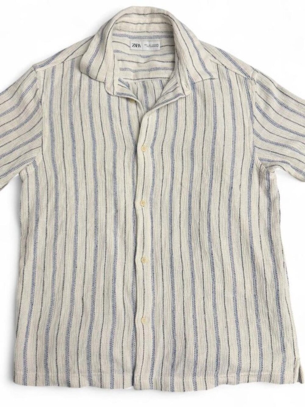Zara Men’s Textured Stripe Short Sleeve Button-Down Camp Shirt Off-White / Blue